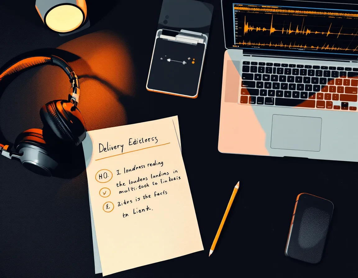 Illustration of an editor’s desk with headphones, a laptop timeline and a printed delivery note marked with timecodes
