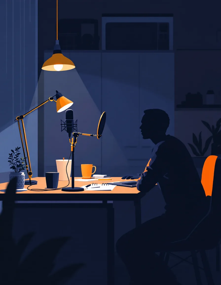 Illustration of a host recording at a kitchen table with a microphone, laptop and handwritten notes