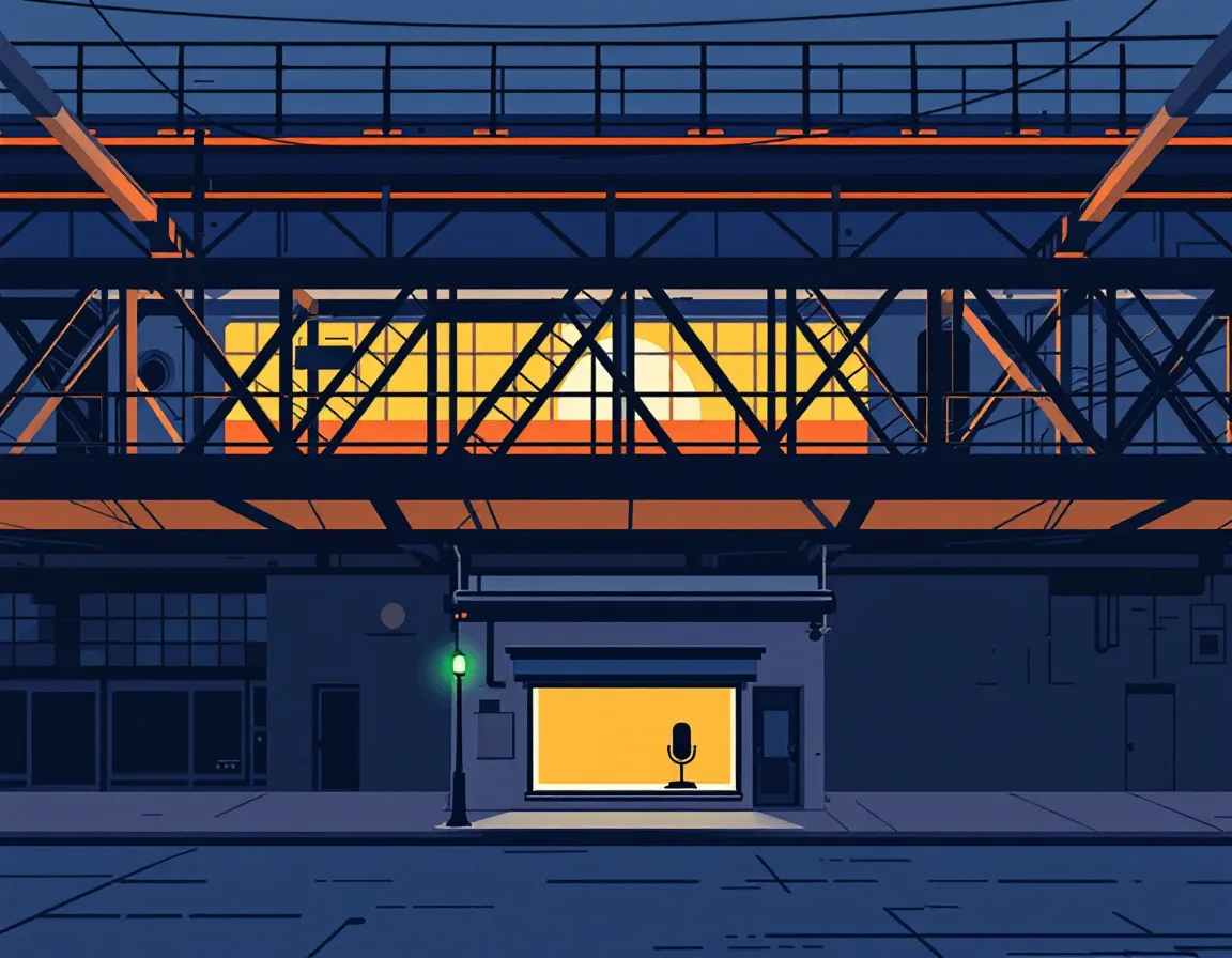 Illustration of the elevated train line over White Plains in the Bronx at dusk, with one gold-lit studio window