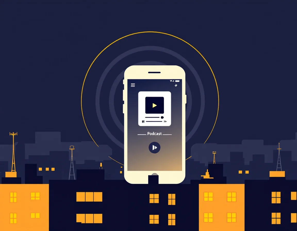 Flat illustration of a phone playing a podcast with signal rings over Bronx rooftops